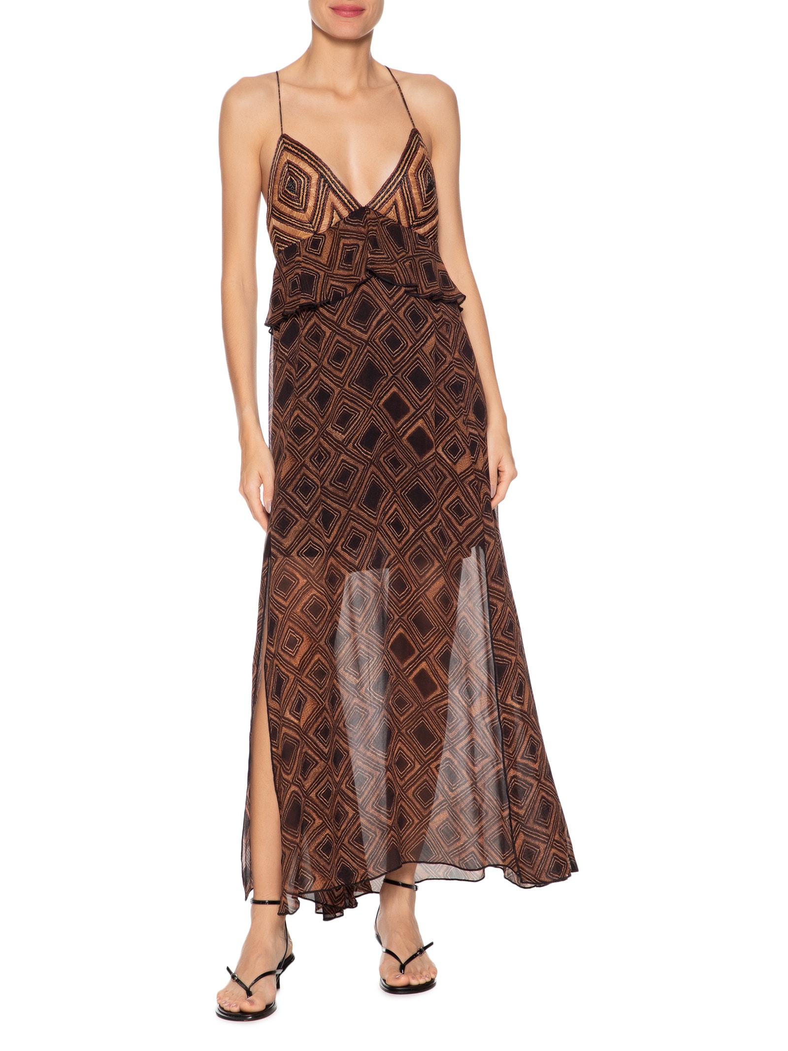 Vestido De Georgette Midi Estampa Textura Taipas Com Pala De Ráfia Marrom Animale