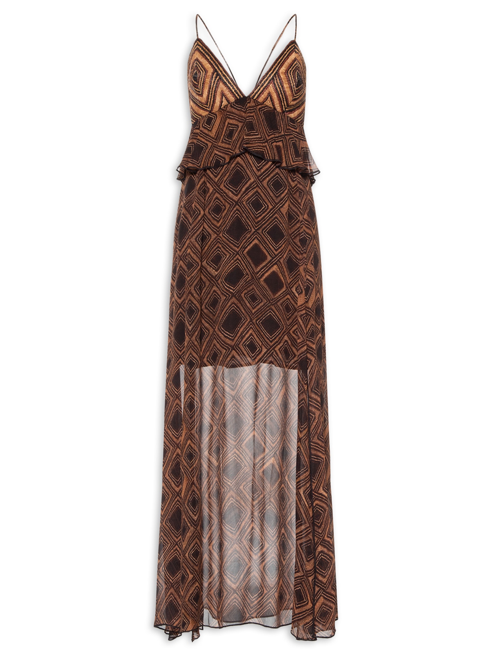 Vestido De Georgette Midi Estampa Textura Taipas Com Pala De Ráfia Marrom Animale