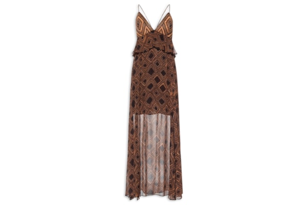 Vestido De Georgette Midi Estampa Textura Taipas Com Pala De Ráfia - Marrom