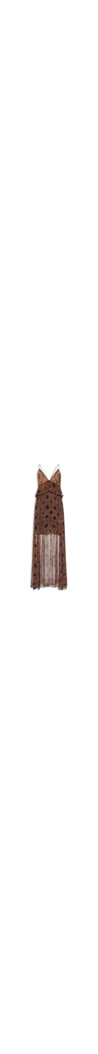 Vestido De Georgette Midi Estampa Textura Taipas Com Pala De Ráfia - Marrom