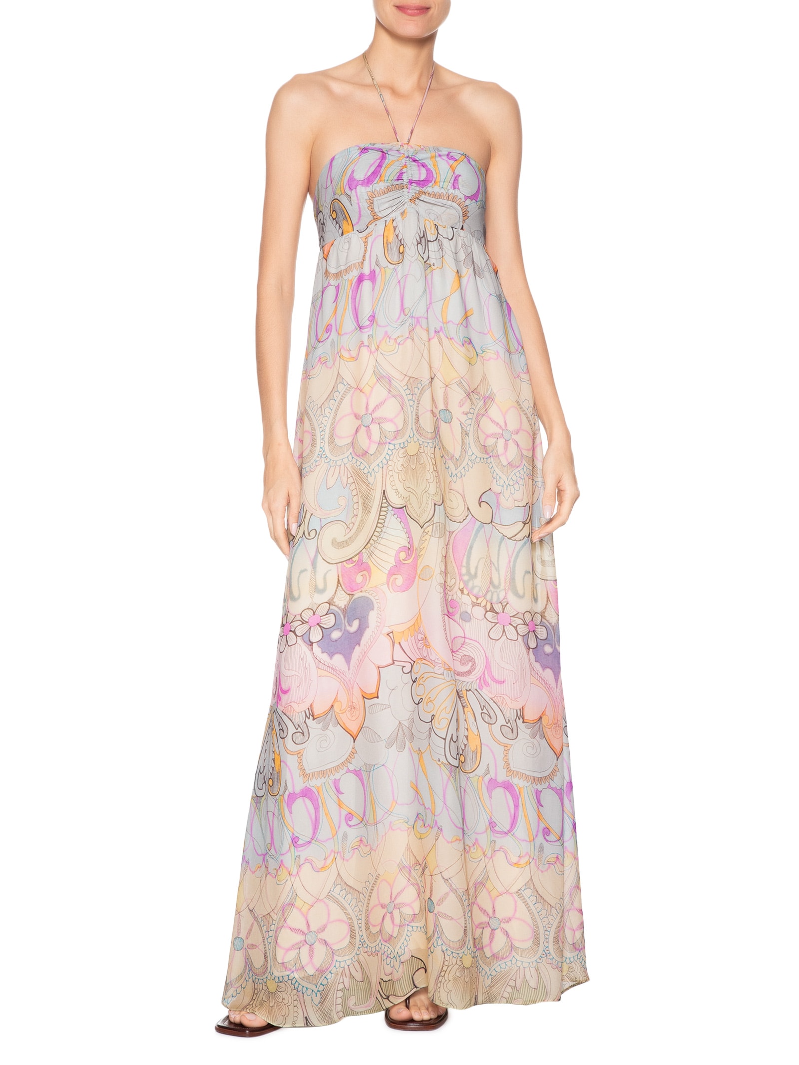 Vestido De Georgette Midi Estampada Busto Franzido Rosa Animale