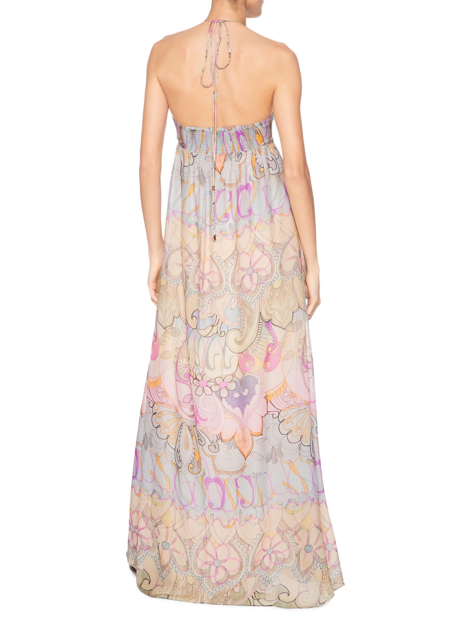 Vestido De Georgette Midi Estampada Busto Franzido Rosa Animale