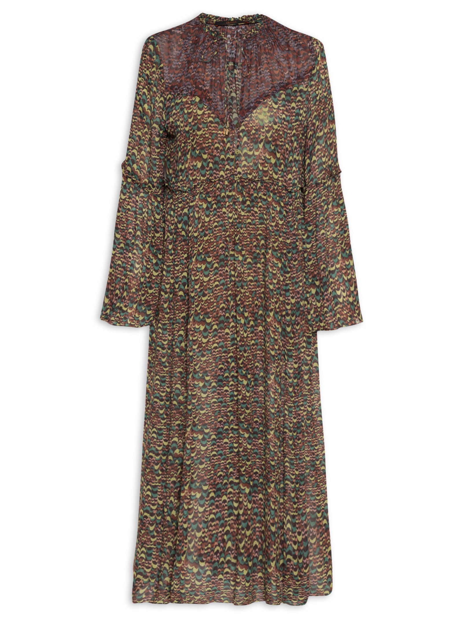 Vestido De Georgette Midi Manga Longa Estampado Fenda Lateral  Verde Animale