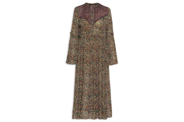 Vestido De Georgette Midi Manga Longa Estampado Fenda Lateral  - Verde