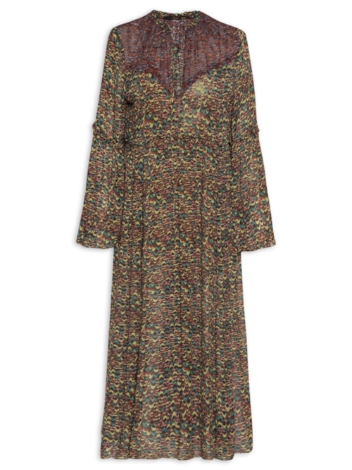 Vestido De Georgette Midi Manga Longa Estampado Fenda Lateral - Verde