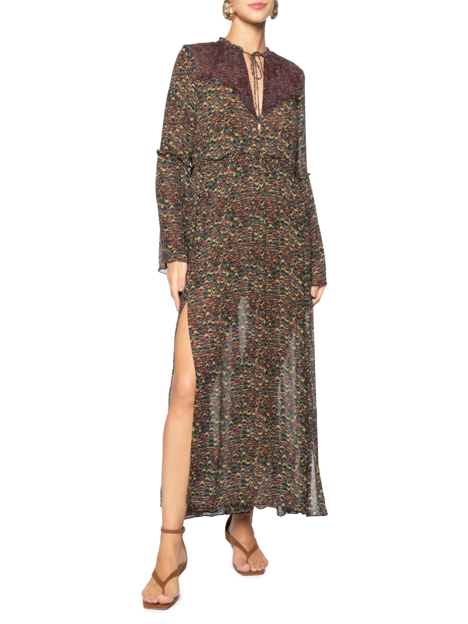 Vestido De Georgette Midi Manga Longa Estampado Fenda Lateral  Verde Animale