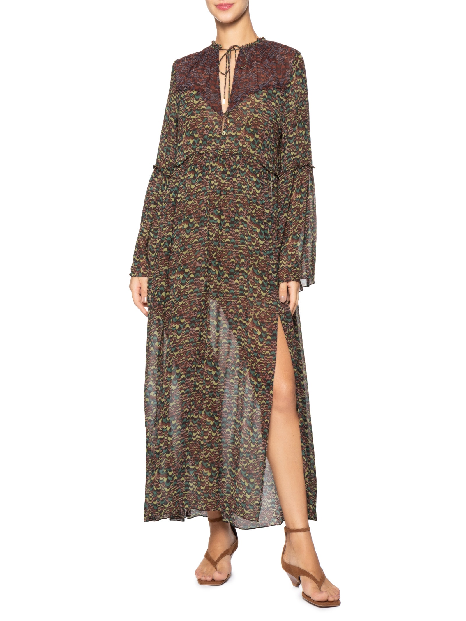 Vestido De Georgette Midi Manga Longa Estampado Fenda Lateral  Verde Animale