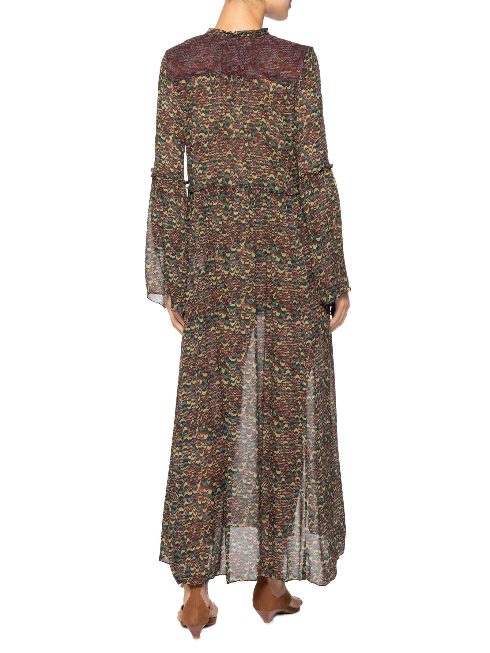Vestido De Georgette Midi Manga Longa Estampado Fenda Lateral  Verde Animale