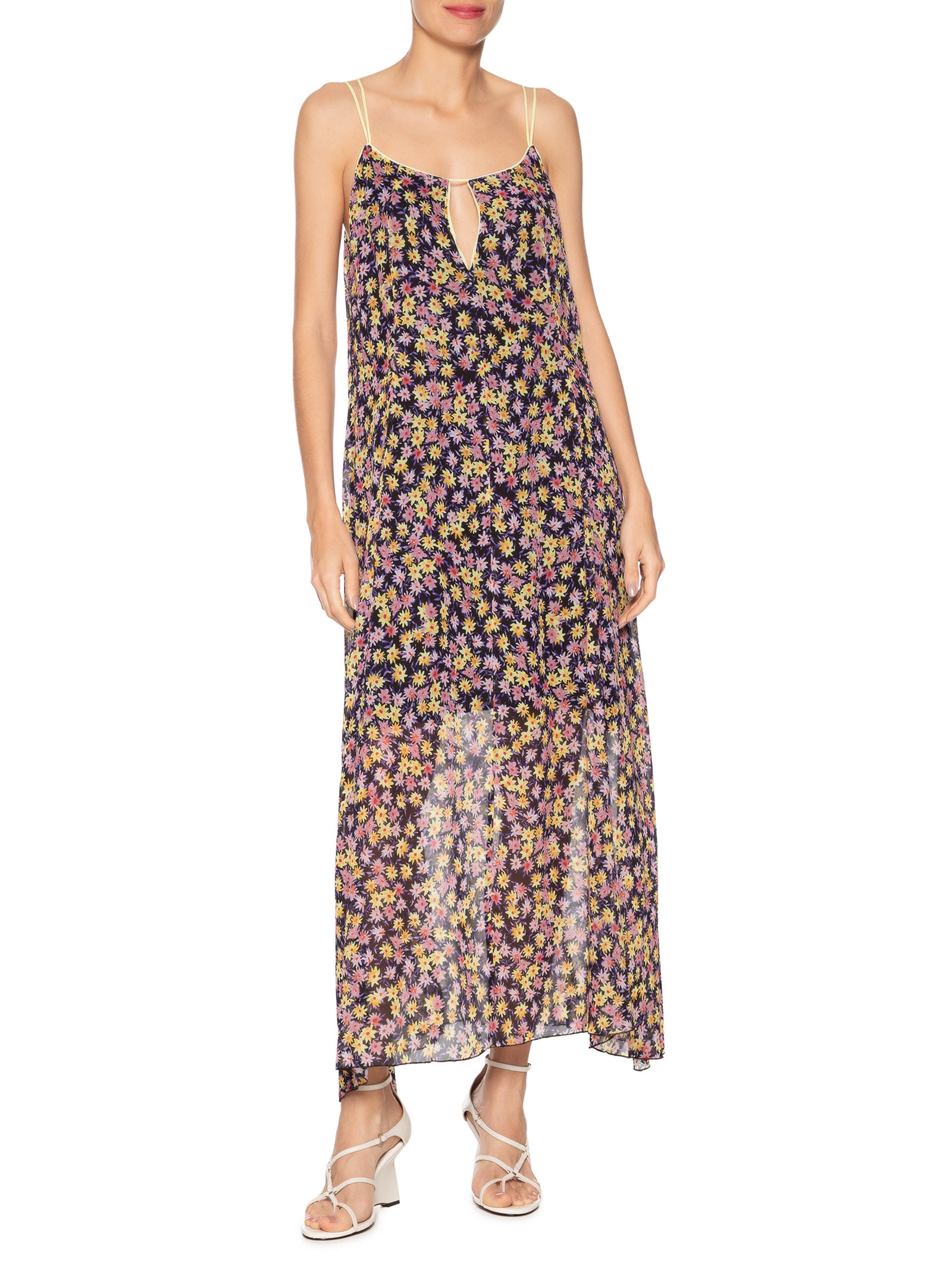 Vestido De Gerogette Longo Recorte Com Vivos Estampa Liberty Rosa Animale