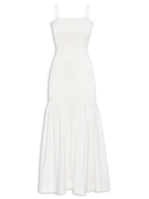 Vestido De Lastex Midi Com Babado - Off White