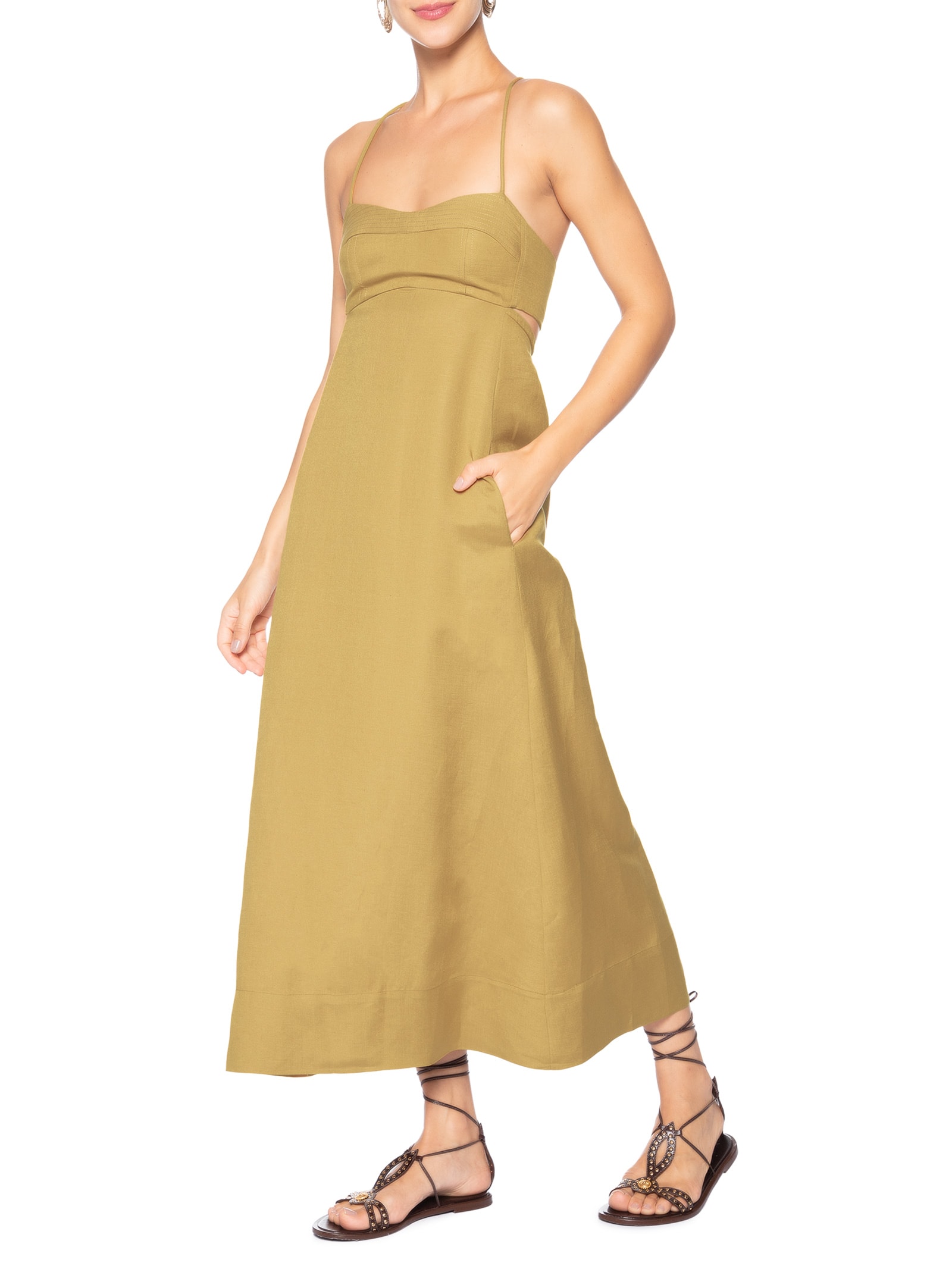 Vestido De Linho Amarração Costas Amarelo Animale