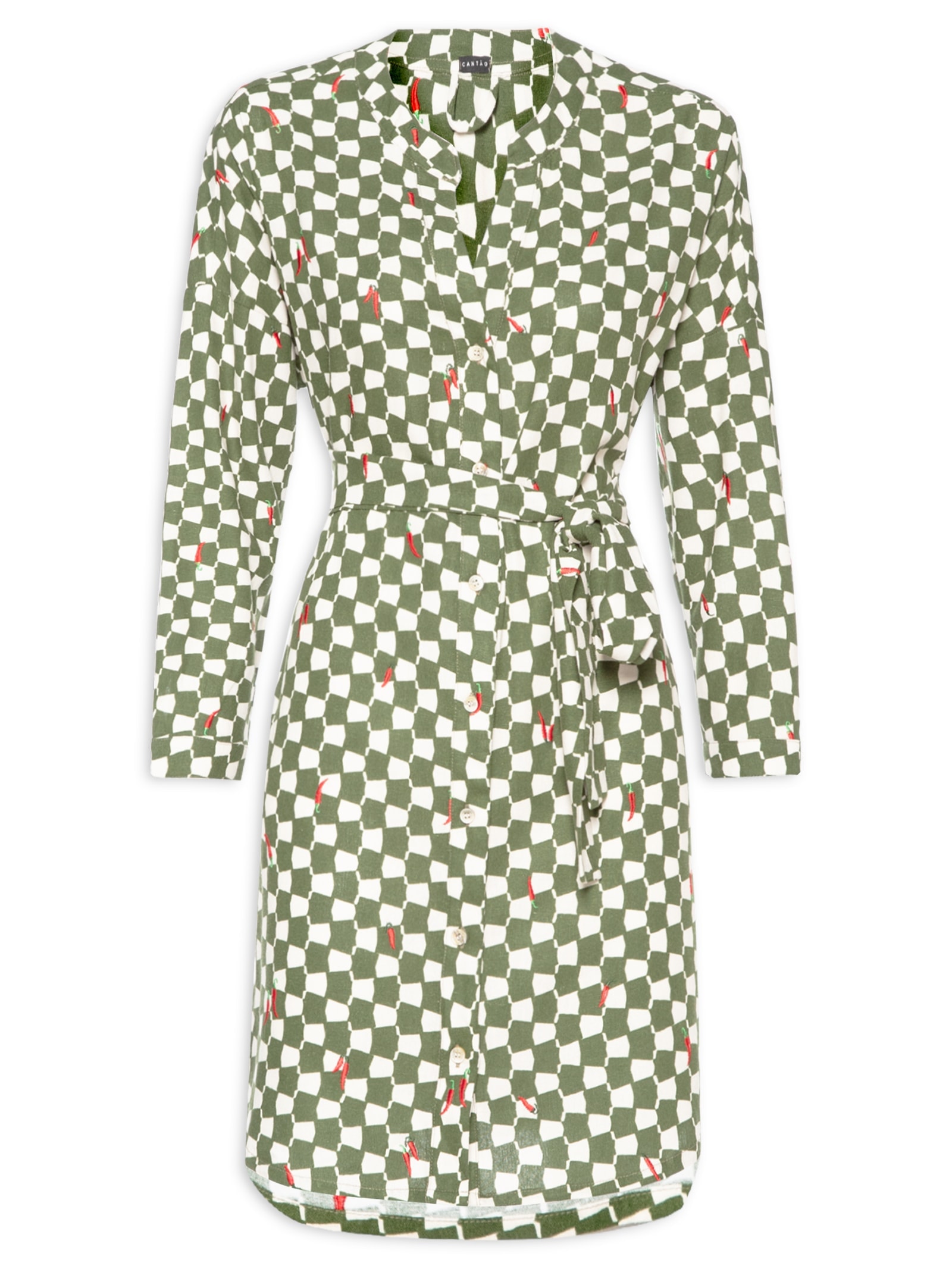 Vestido de Linho Curto Estampa Chilli Verde Cantão