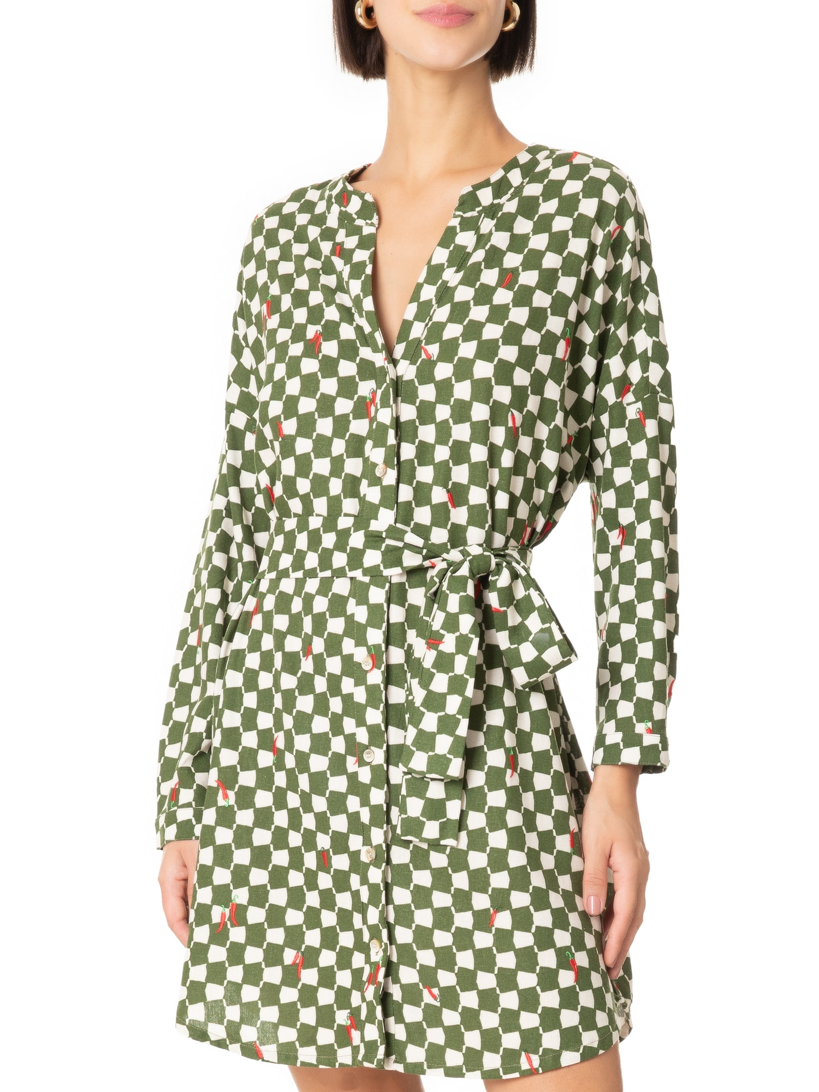 Vestido de Linho Curto Estampa Chilli Verde Cantão