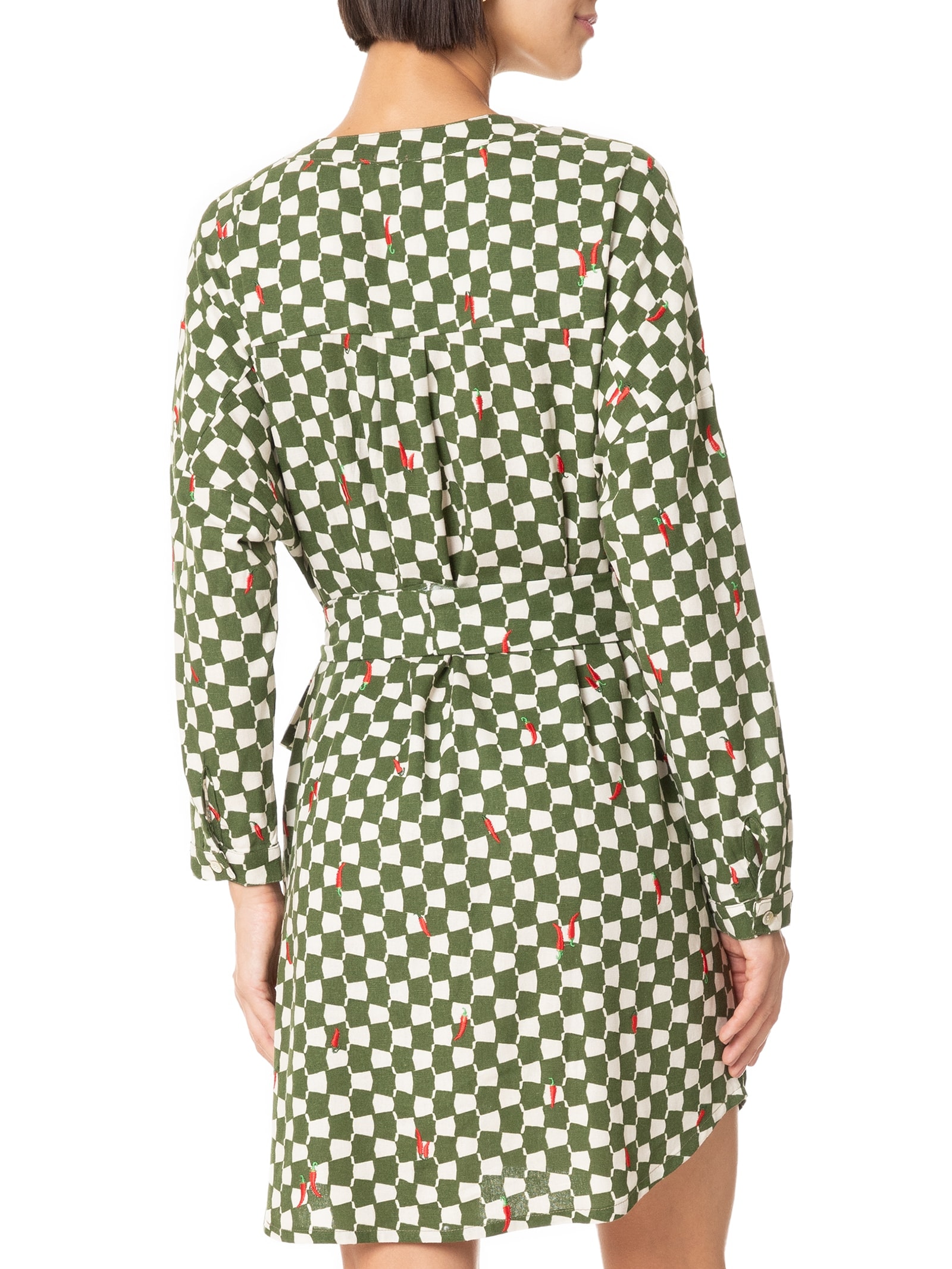 Vestido de Linho Curto Estampa Chilli Verde Cantão