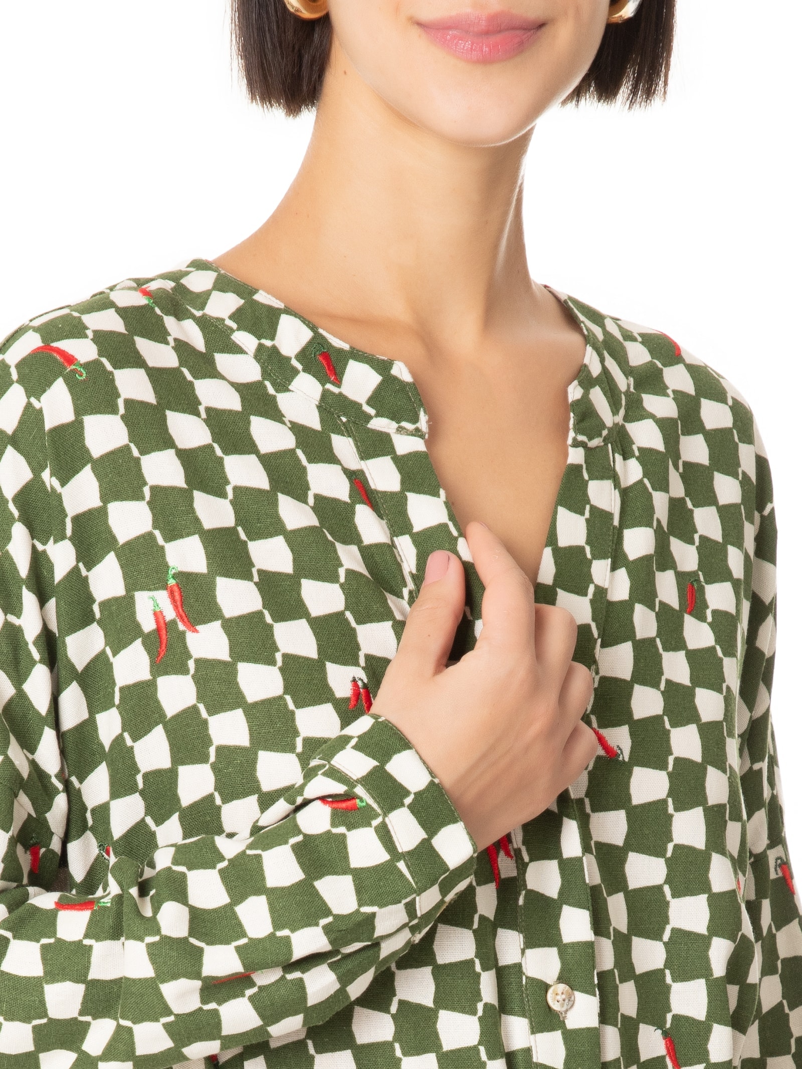 Vestido de Linho Curto Estampa Chilli Verde Cantão