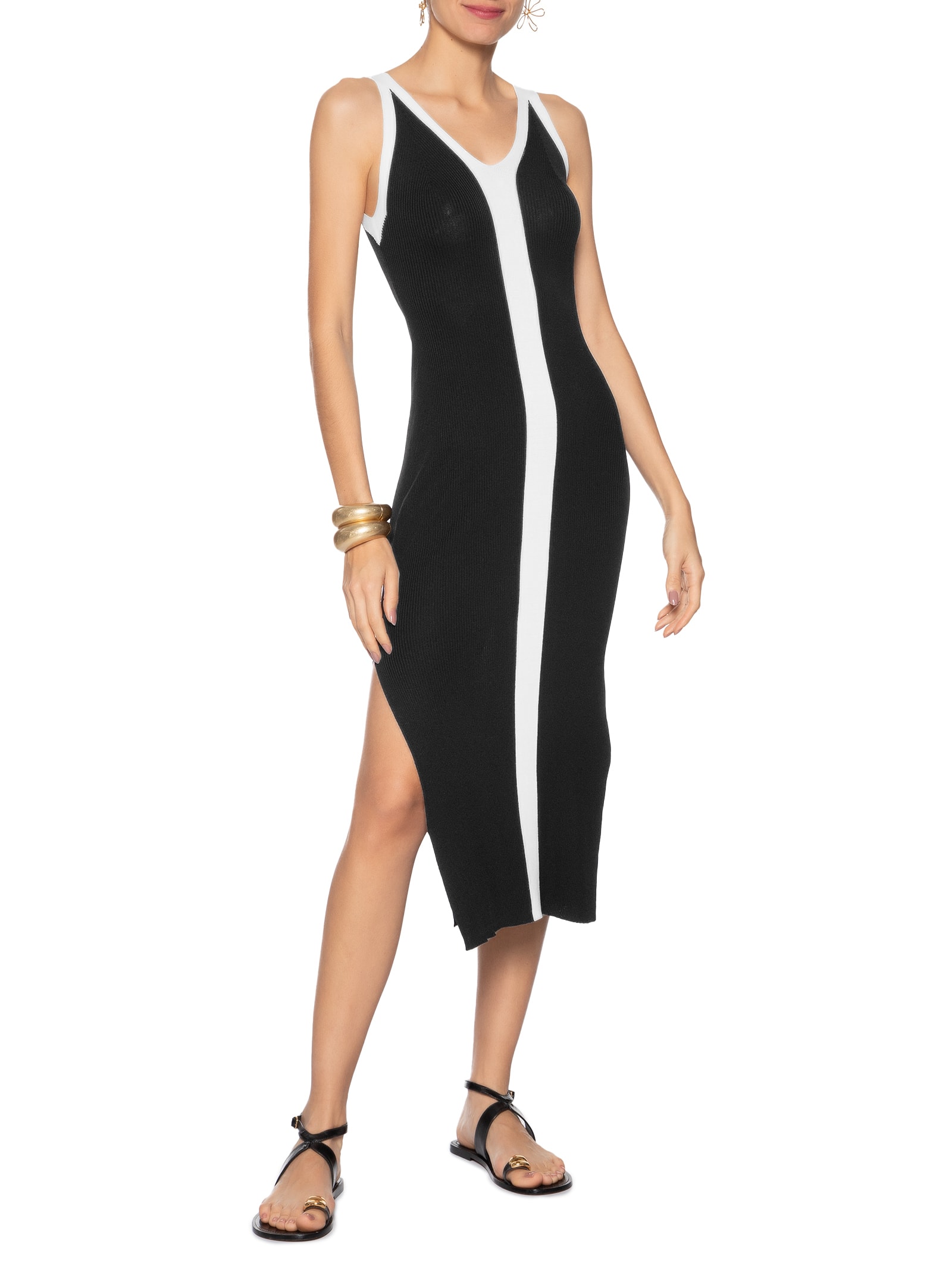 Vestido De Tricot Bicolor Com Decote V Preto Animale