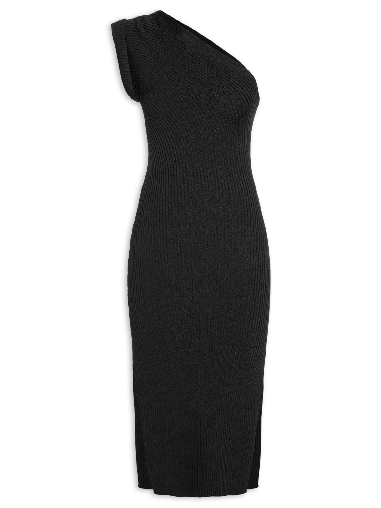 Vestido De Tricot Canelado Midi Um Ombro Só Preto Animale