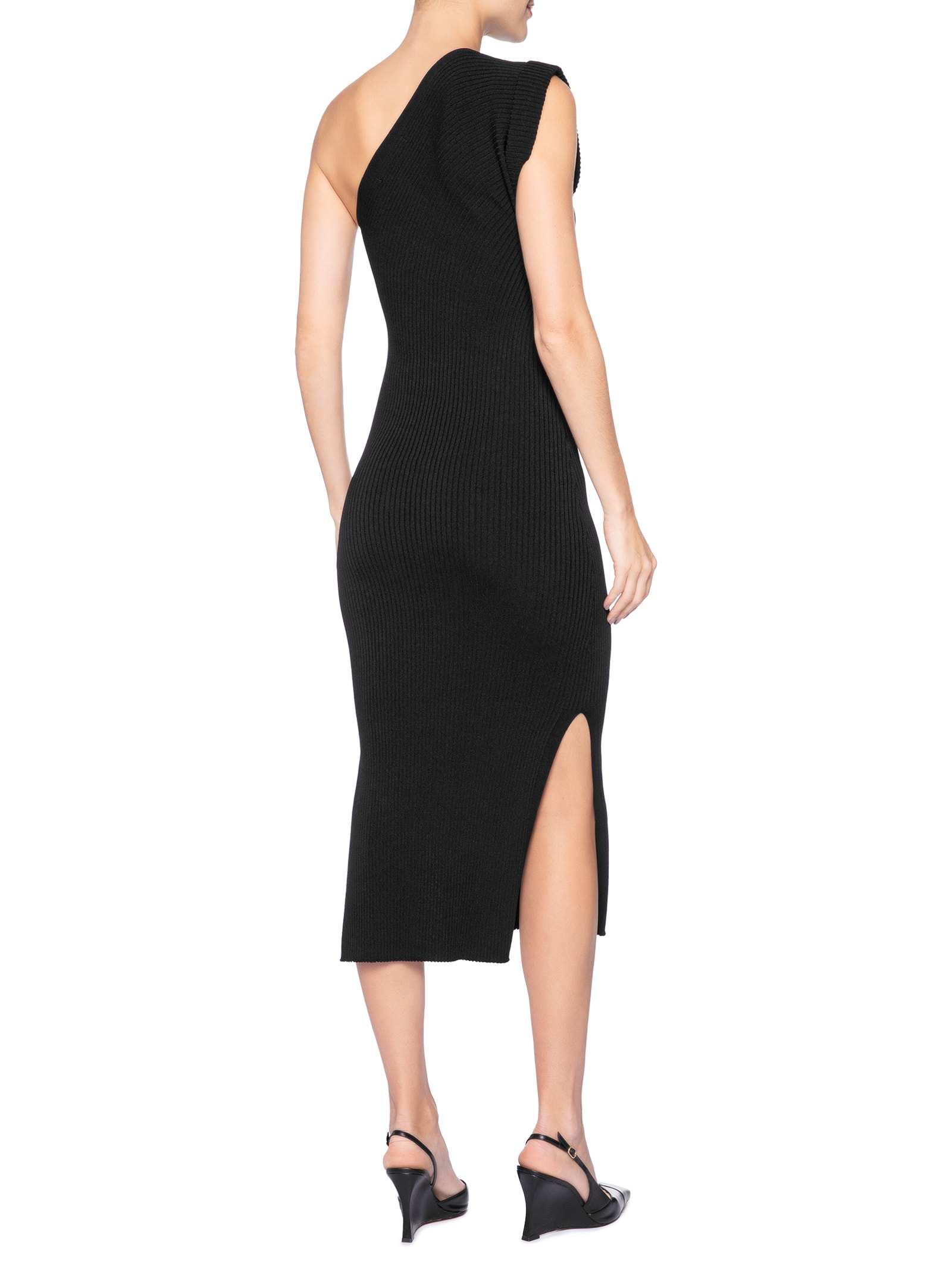 Vestido De Tricot Canelado Midi Um Ombro Só Preto Animale