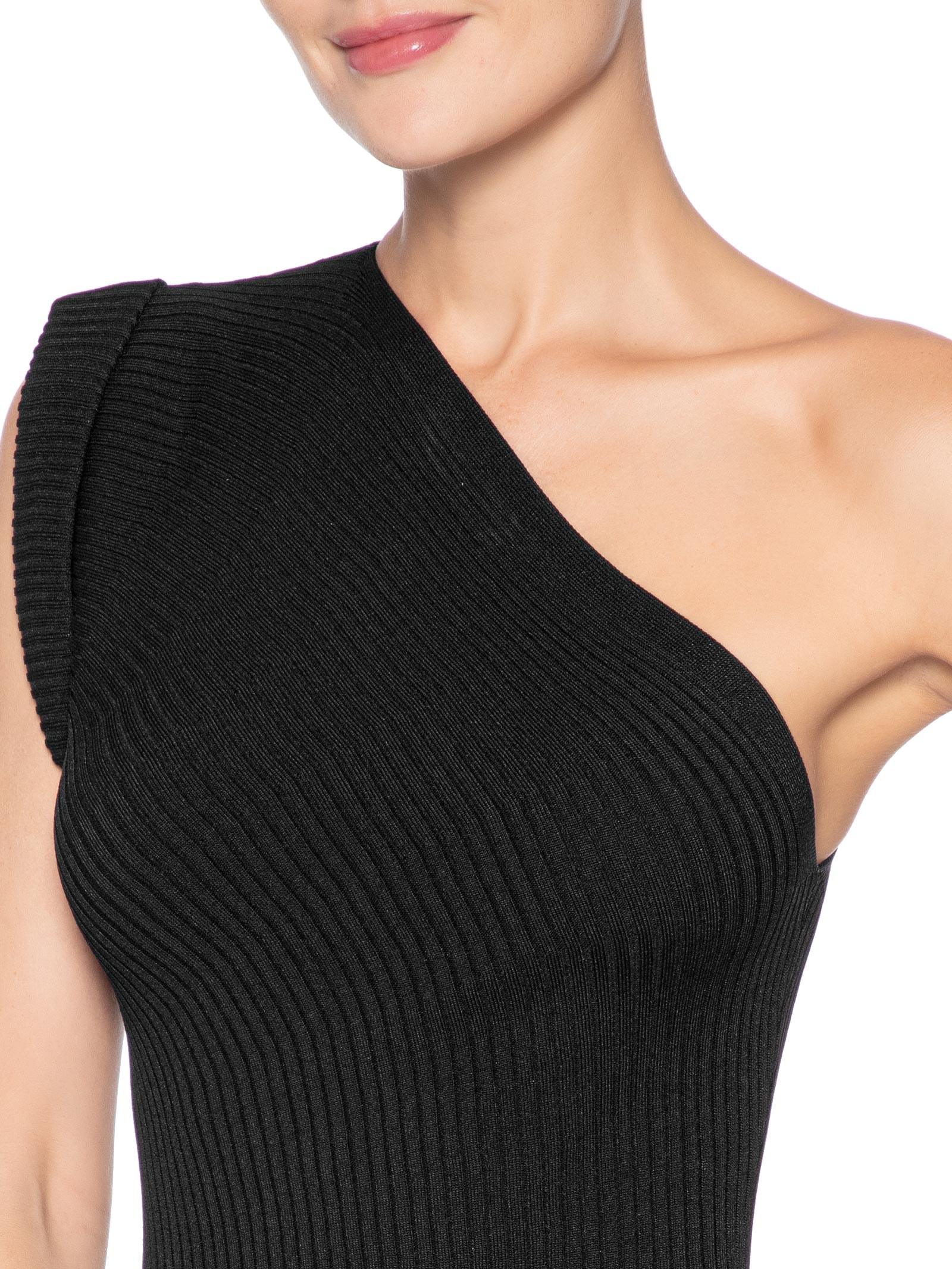 Vestido De Tricot Canelado Midi Um Ombro Só Preto Animale