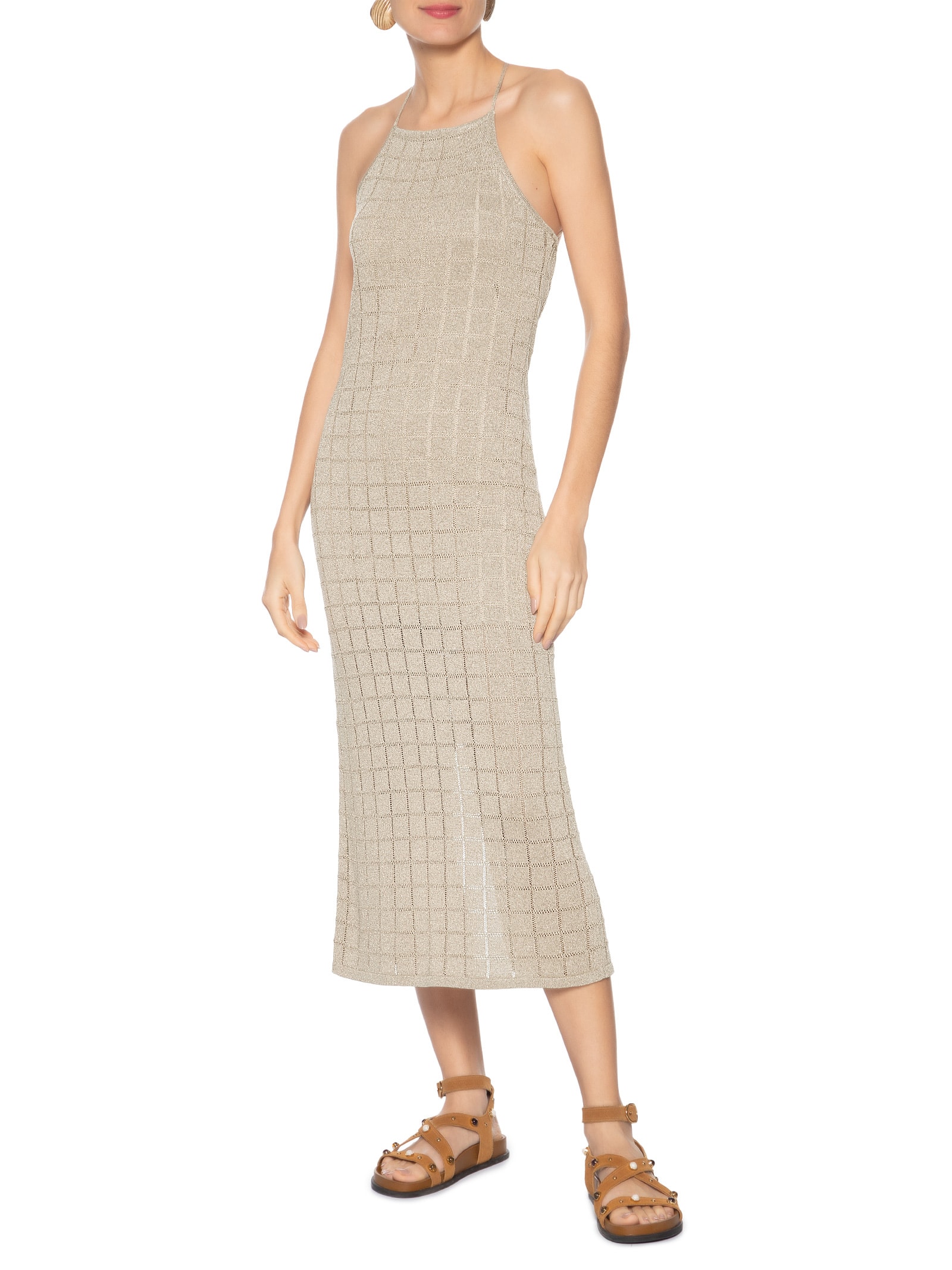 Vestido de Tricot Com Luréx Frente Única Bege Animale Jeans