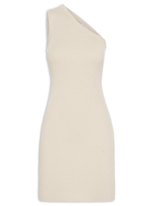 Vestido De Tricot Com Lurex Um Ombro Só – Bege