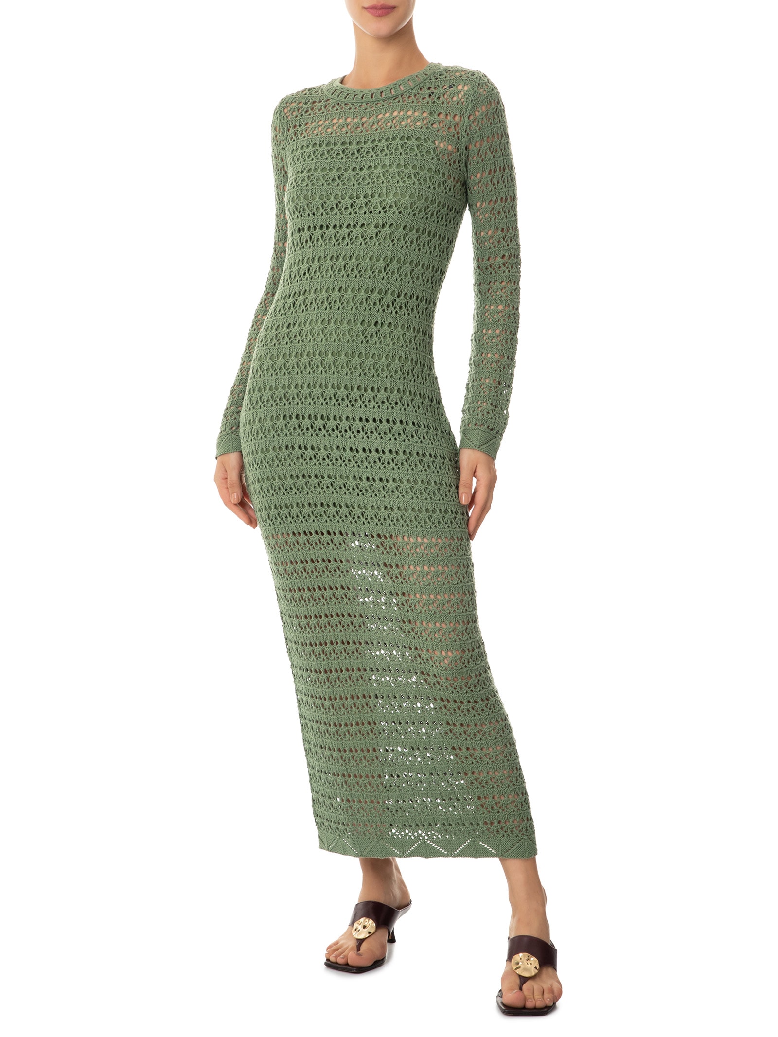 Vestido De Tricot Manga Longa Ponto Renda Verde Animale