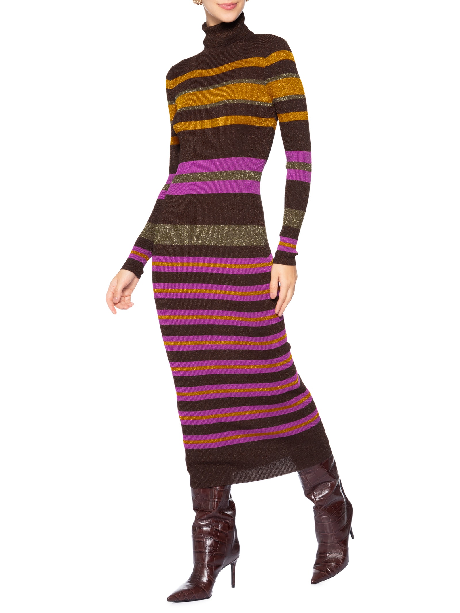 Vestido De Tricot Midi Colorido Listrado Com Lurex Gola Alta Marrom Animale