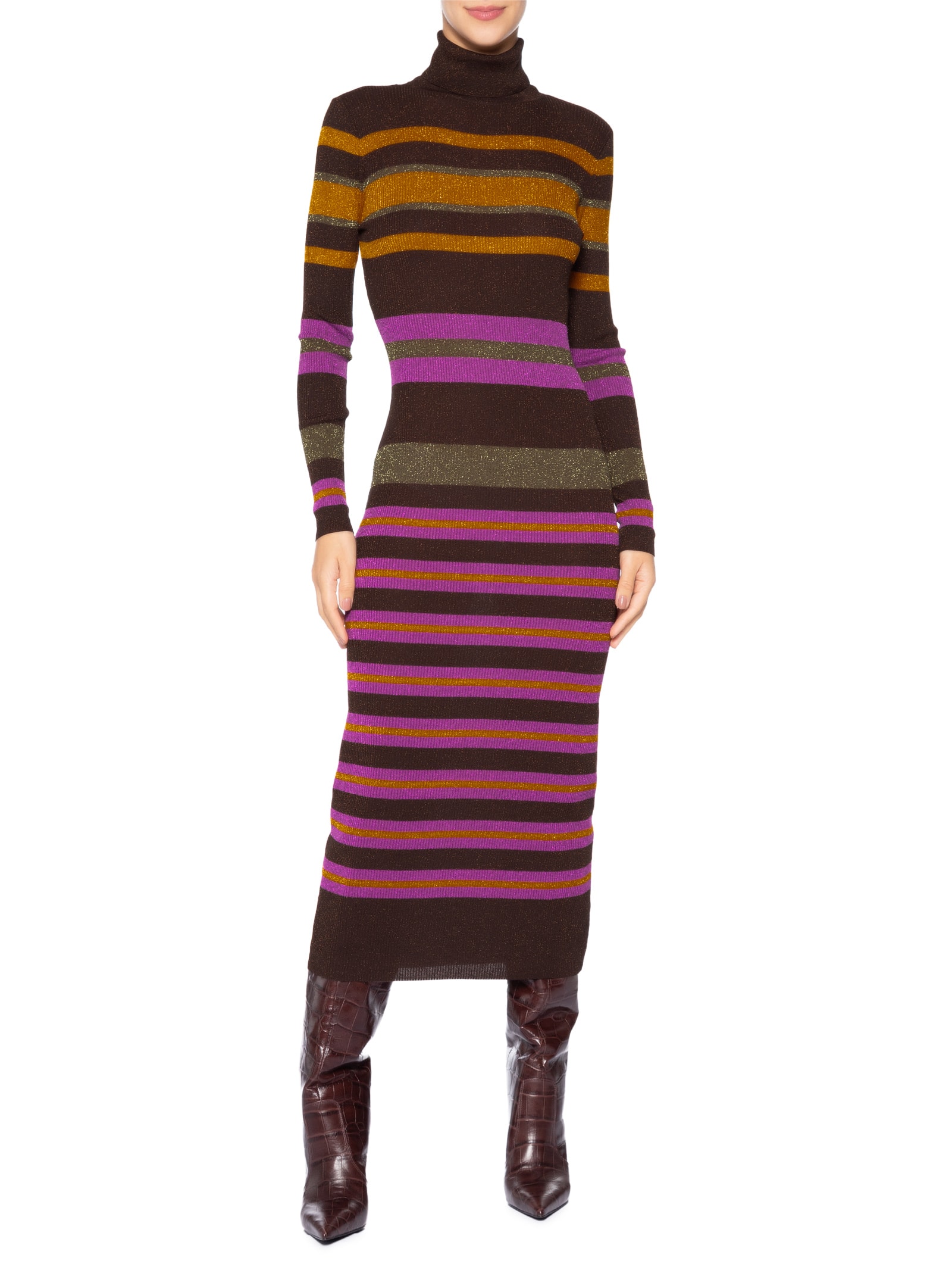 Vestido De Tricot Midi Colorido Listrado Com Lurex Gola Alta Marrom Animale