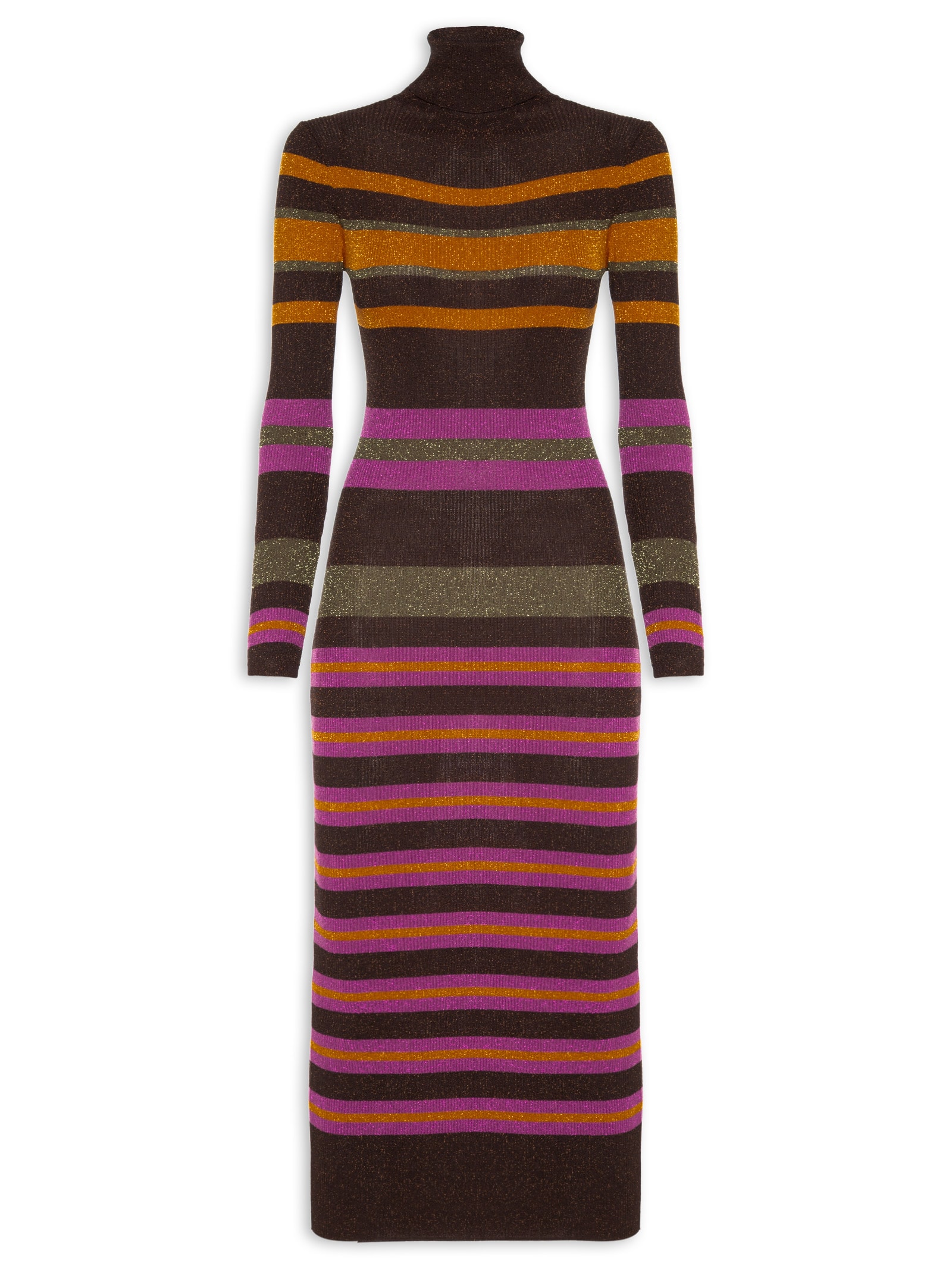 Vestido De Tricot Midi Colorido Listrado Com Lurex Gola Alta Marrom Animale