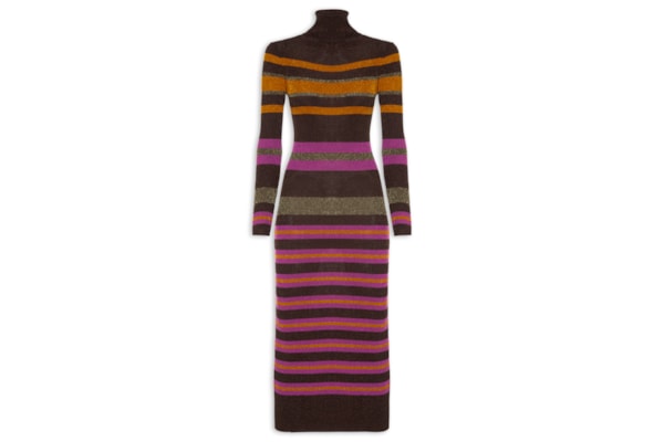 Vestido De Tricot Midi Colorido Listrado Com Lurex Gola Alta - Marrom