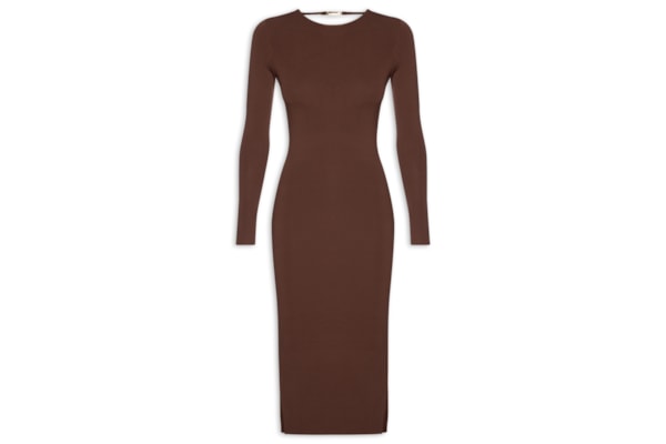 Vestido De Tricot Midi Com Abertura Costas - Marrom