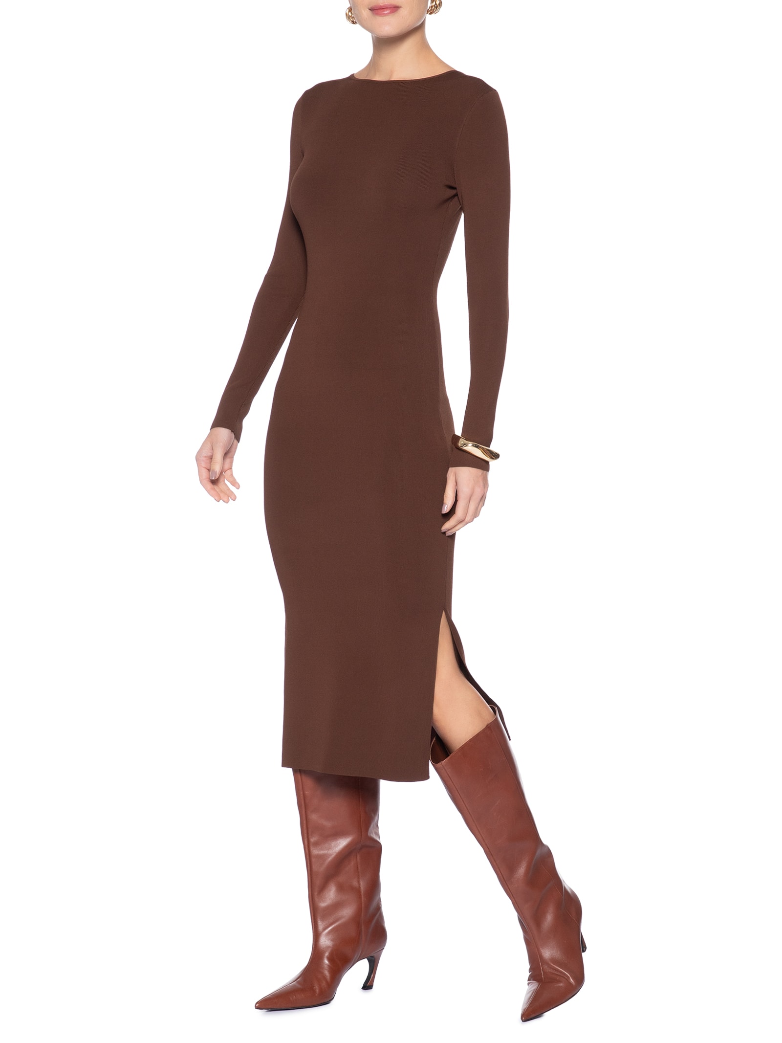 Vestido De Tricot Midi Com Abertura Costas Marrom Animale