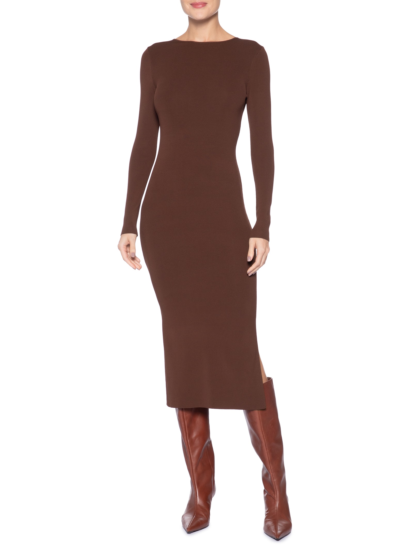 Vestido De Tricot Midi Com Abertura Costas Marrom Animale