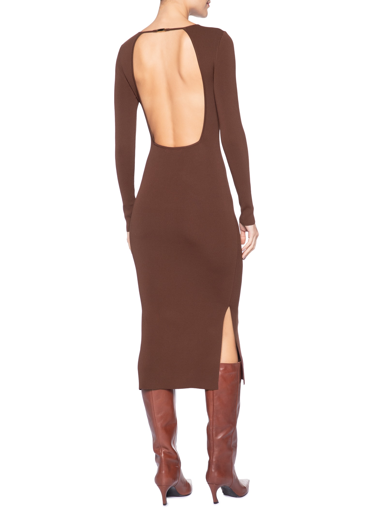 Vestido De Tricot Midi Com Abertura Costas Marrom Animale