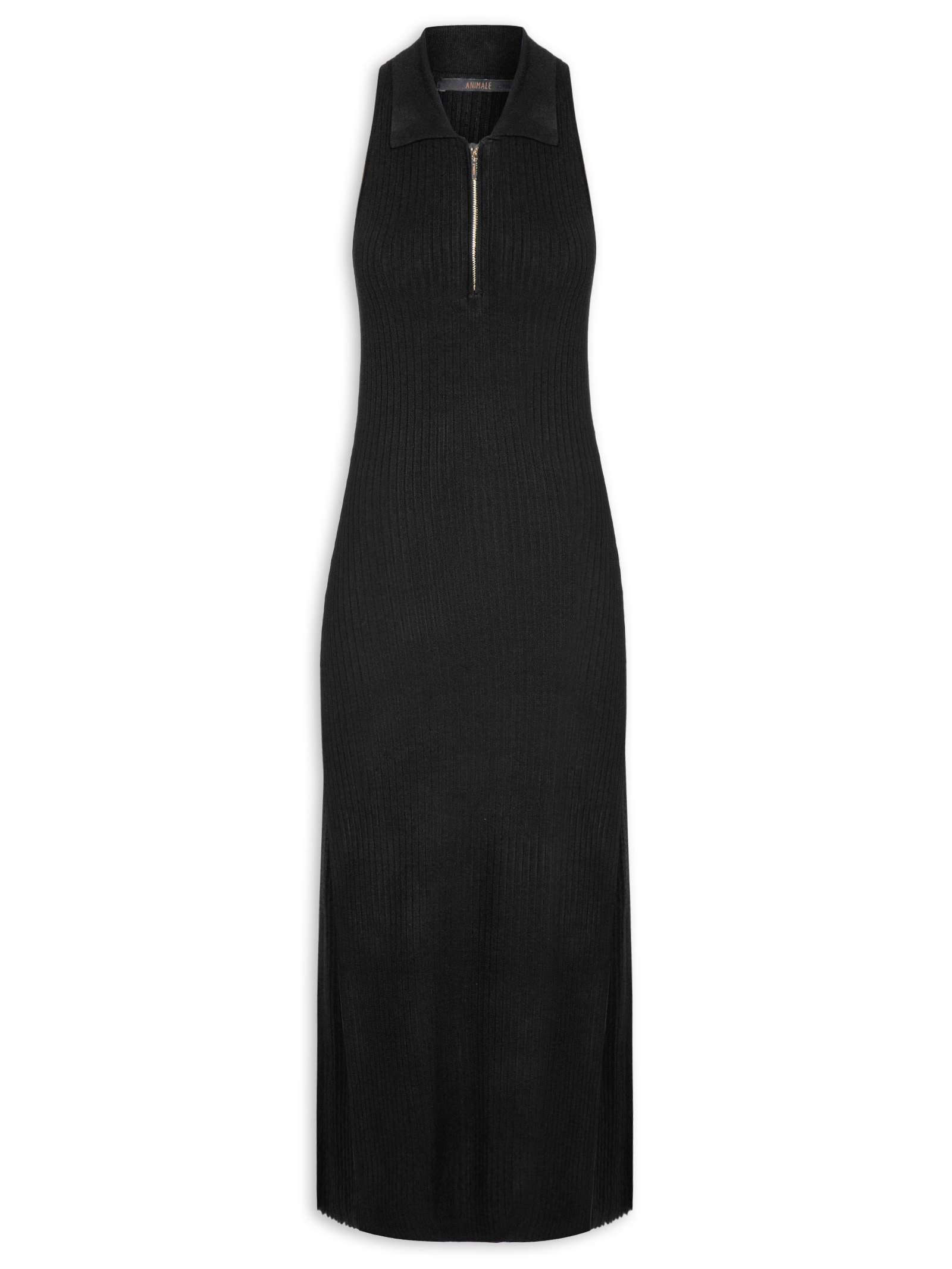 Vestido De Tricot Midi Com Decote Polo E Fendas Preto Animale