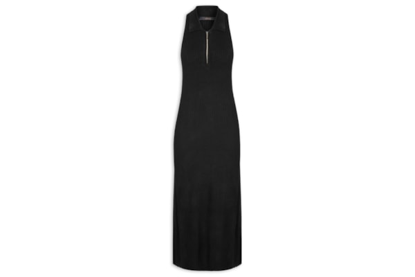 Vestido De Tricot Midi Com Decote Polo E Fendas - Preto