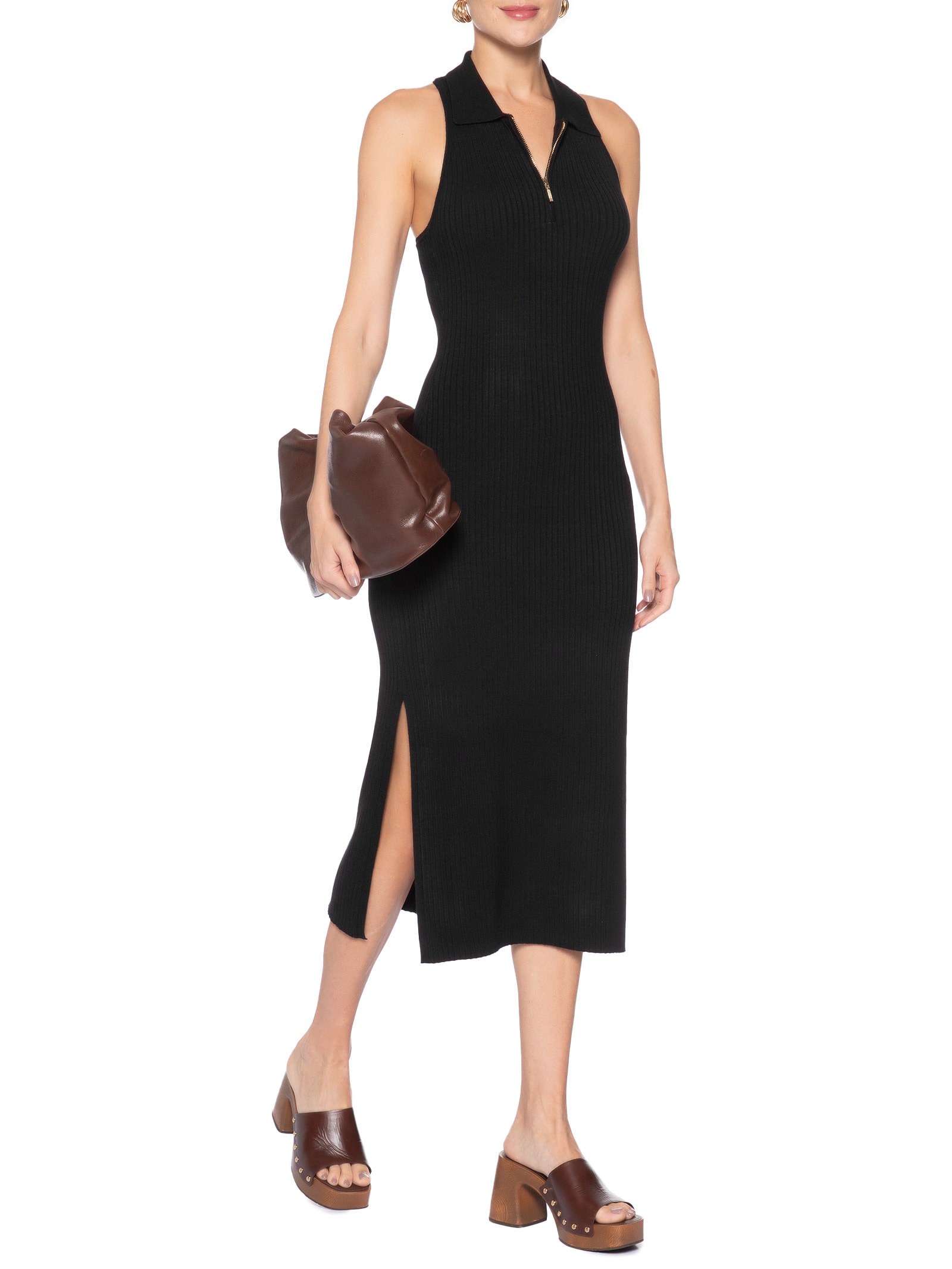 Vestido De Tricot Midi Com Decote Polo E Fendas Preto Animale