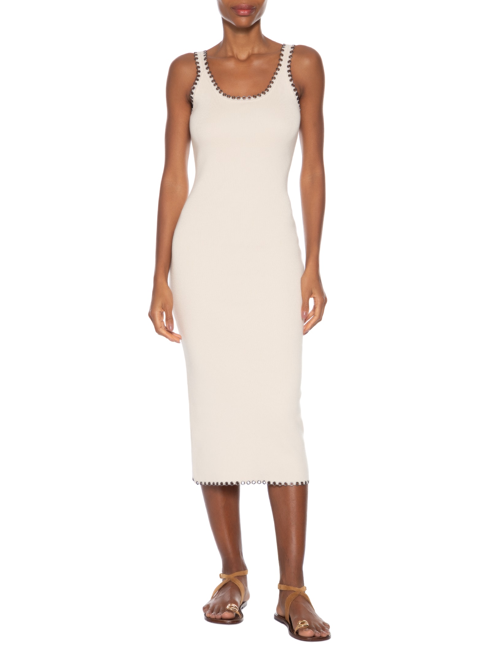 Vestido De Tricot Midi Com Ilhós Detalhe Decote Bege Animale