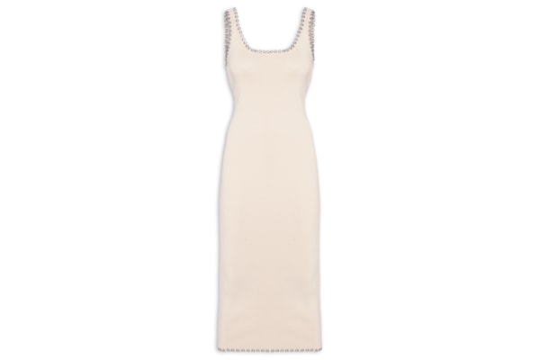 Vestido De Tricot Midi Com Ilhós Detalhe Decote - Bege