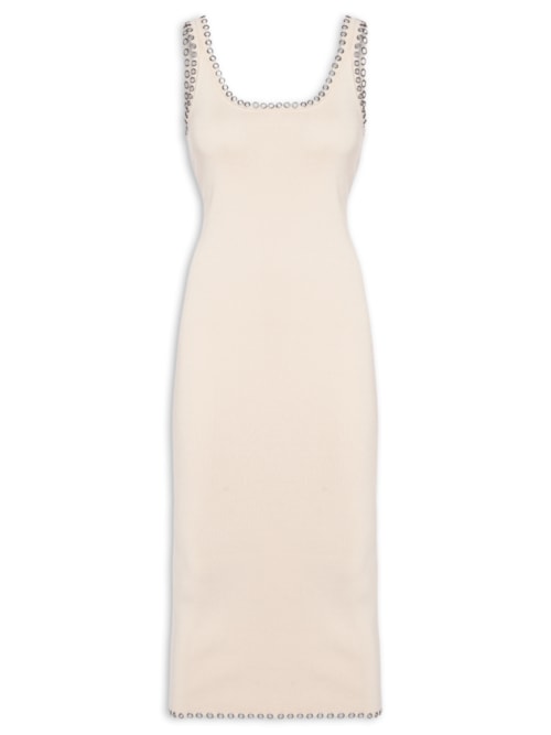 Vestido De Tricot Midi Com Ilhós Detalhe Decote – Bege