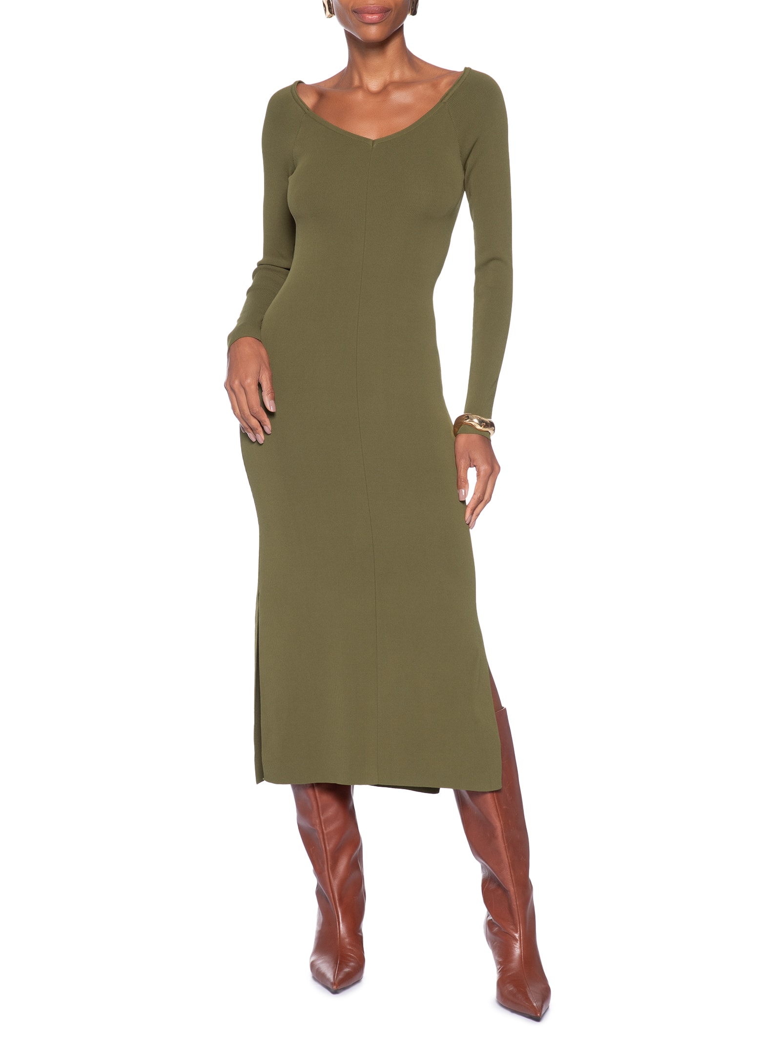 Vestido De Tricot Midi Decote Ombro A Ombro Verde Animale
