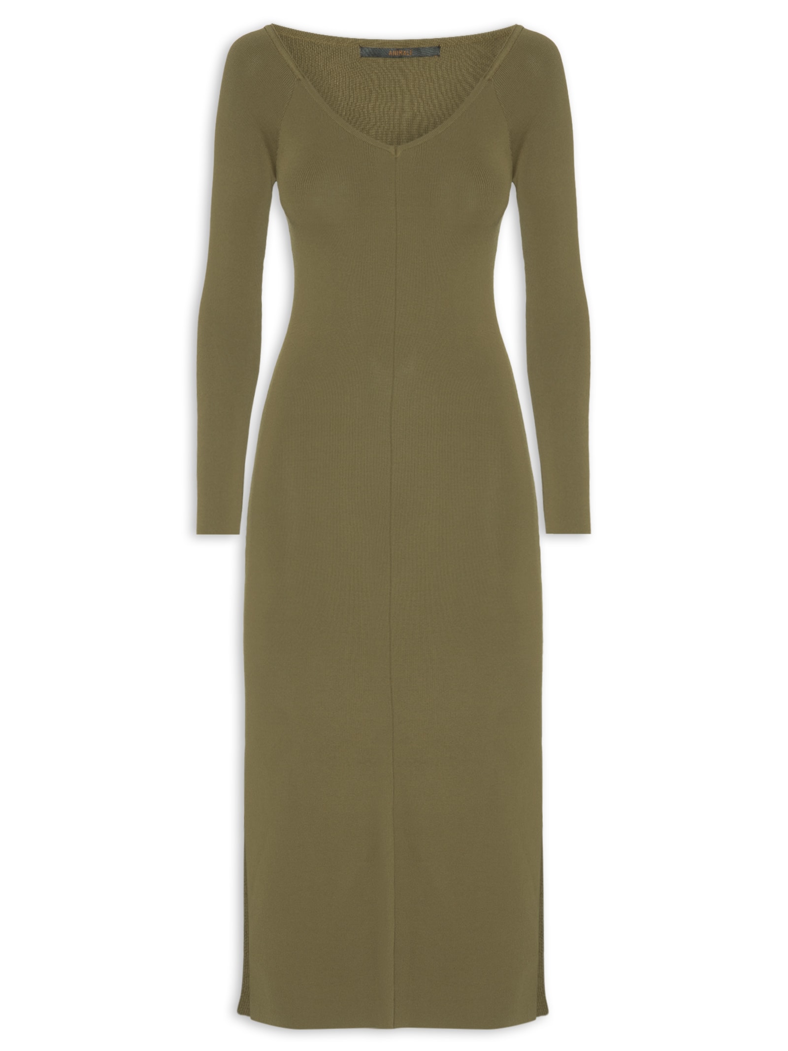 Vestido De Tricot Midi Decote V Ombro A Ombro E Fendas Laterais Verde Animale
