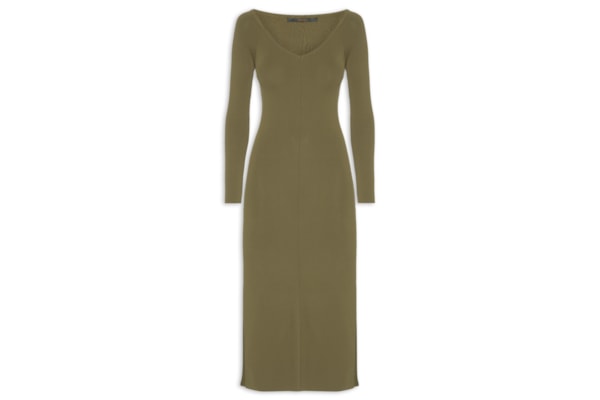 Vestido De Tricot Midi Decote V Ombro A Ombro E Fendas Laterais - Verde
