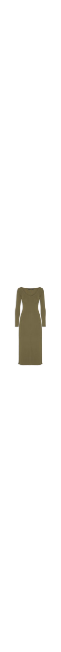 Vestido De Tricot Midi Decote V Ombro A Ombro E Fendas Laterais - Verde