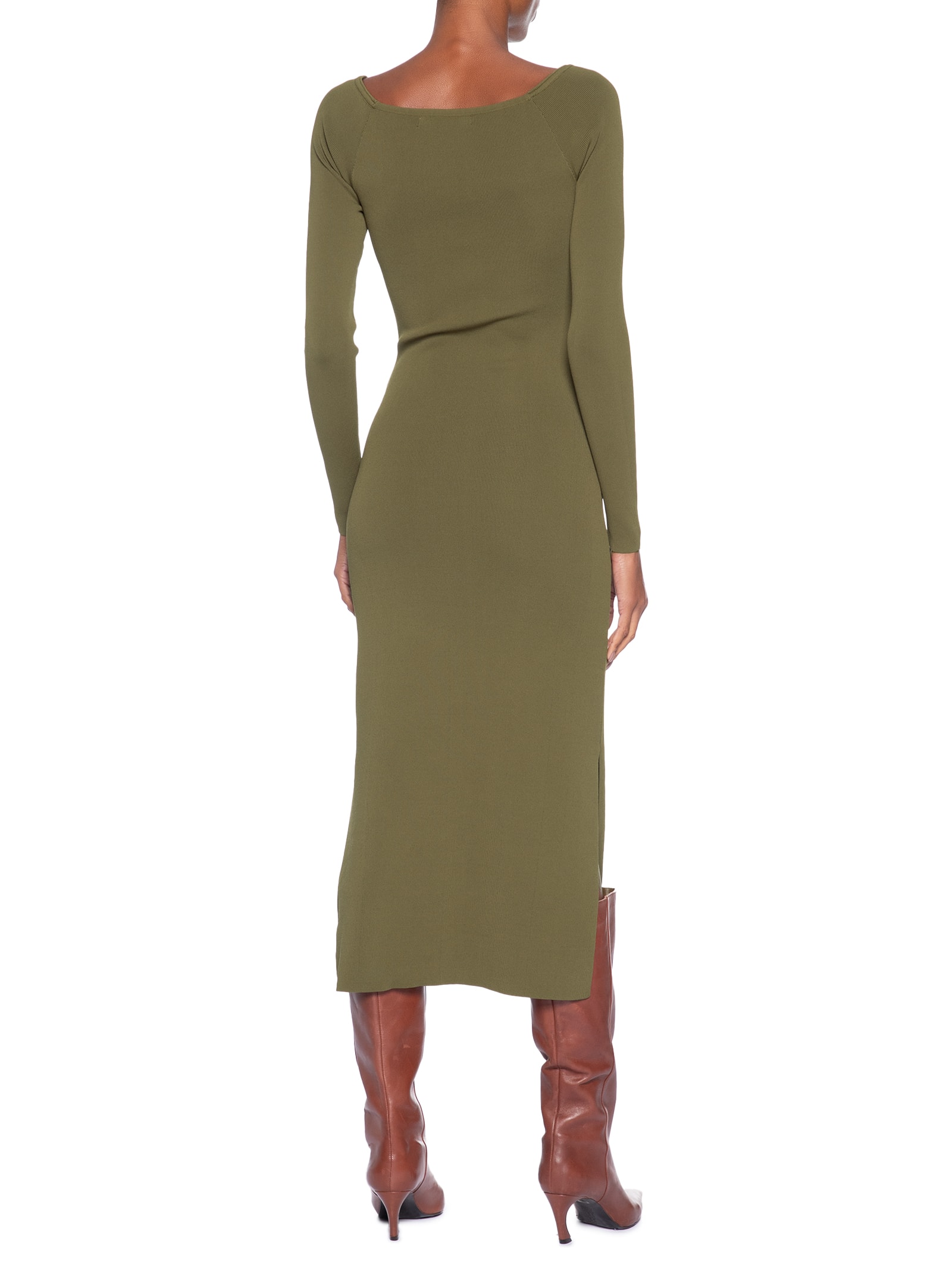 Vestido De Tricot Midi Decote V Ombro A Ombro E Fendas Laterais Verde Animale