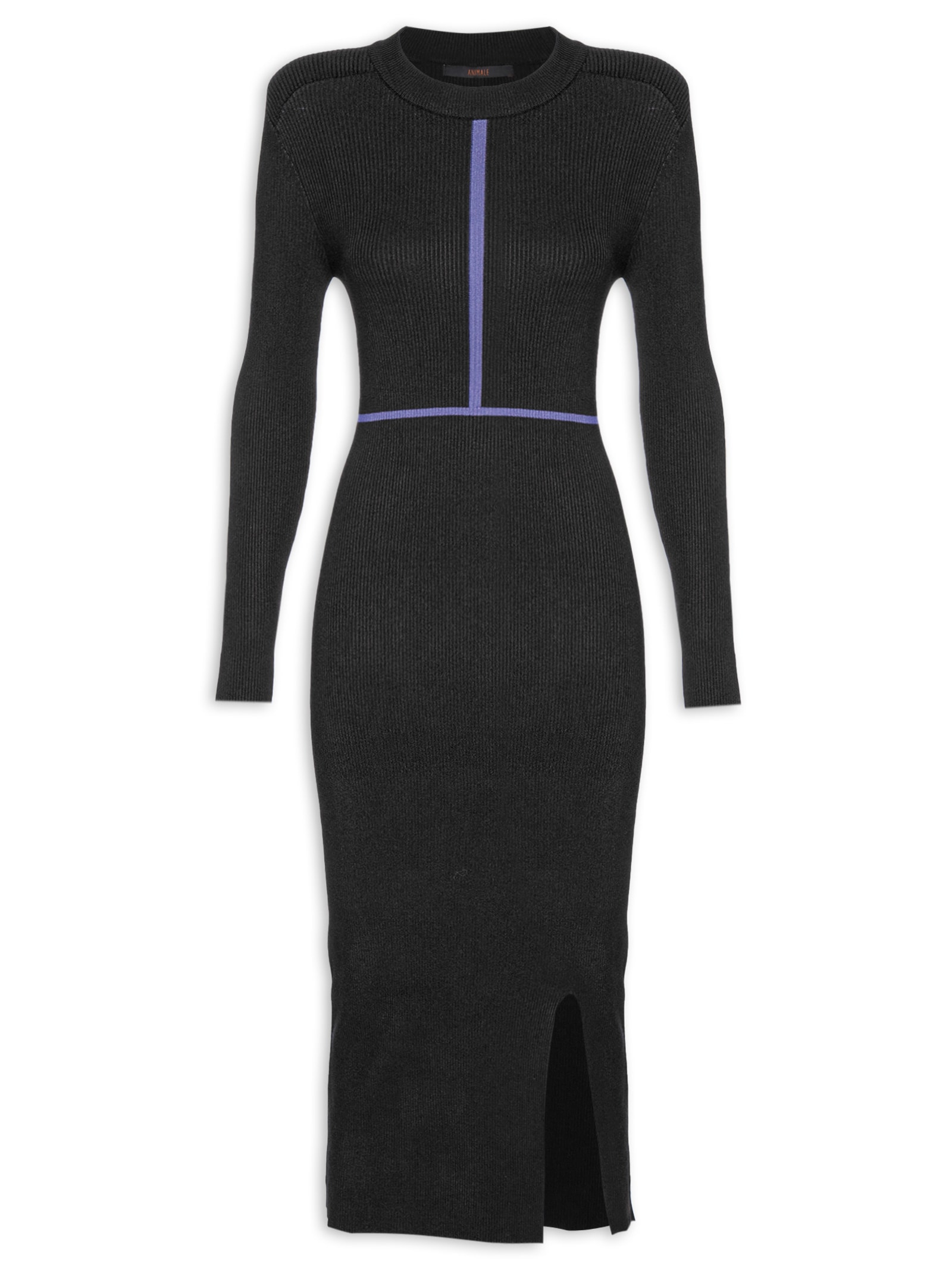 Vestido De Tricot Midi Manga Longa Com Detalhe Listra Preto Animale