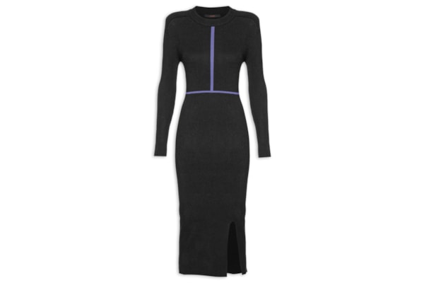 Vestido De Tricot Midi Manga Longa Com Detalhe Listra - Preto