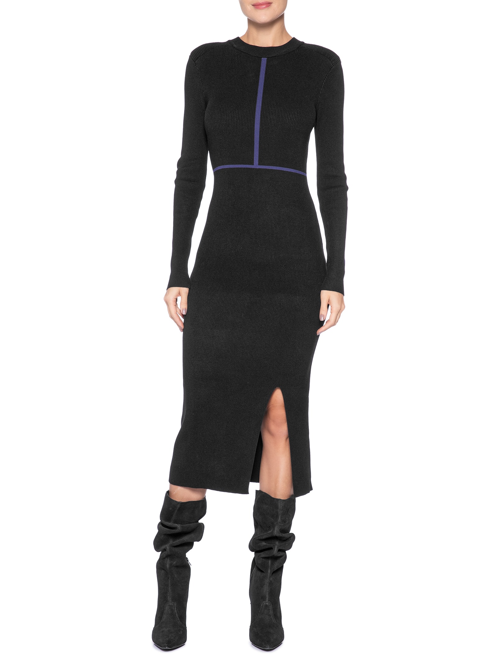 Vestido De Tricot Midi Manga Longa Com Detalhe Listra Preto Animale