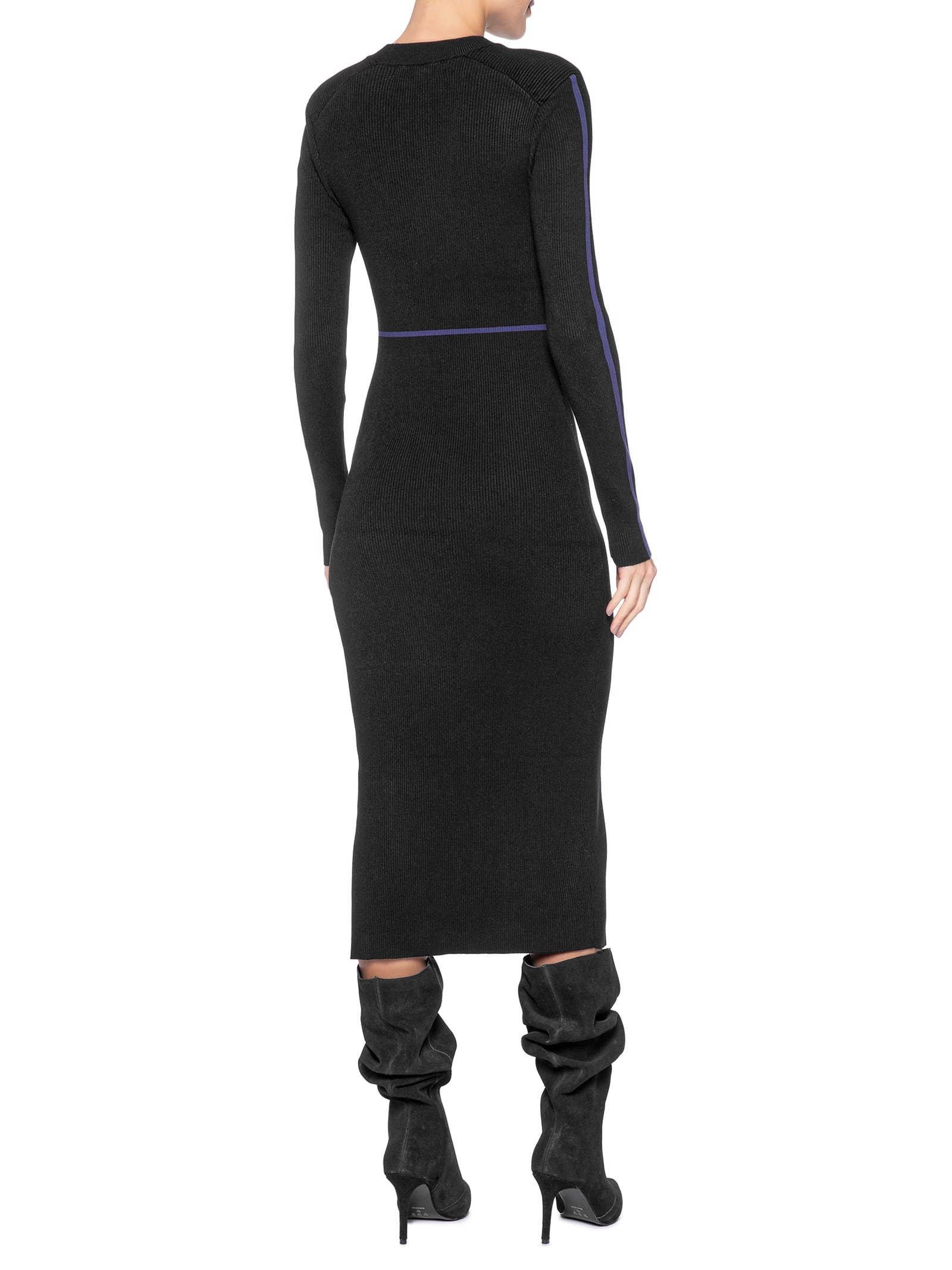 Vestido De Tricot Midi Manga Longa Com Detalhe Listra Preto Animale