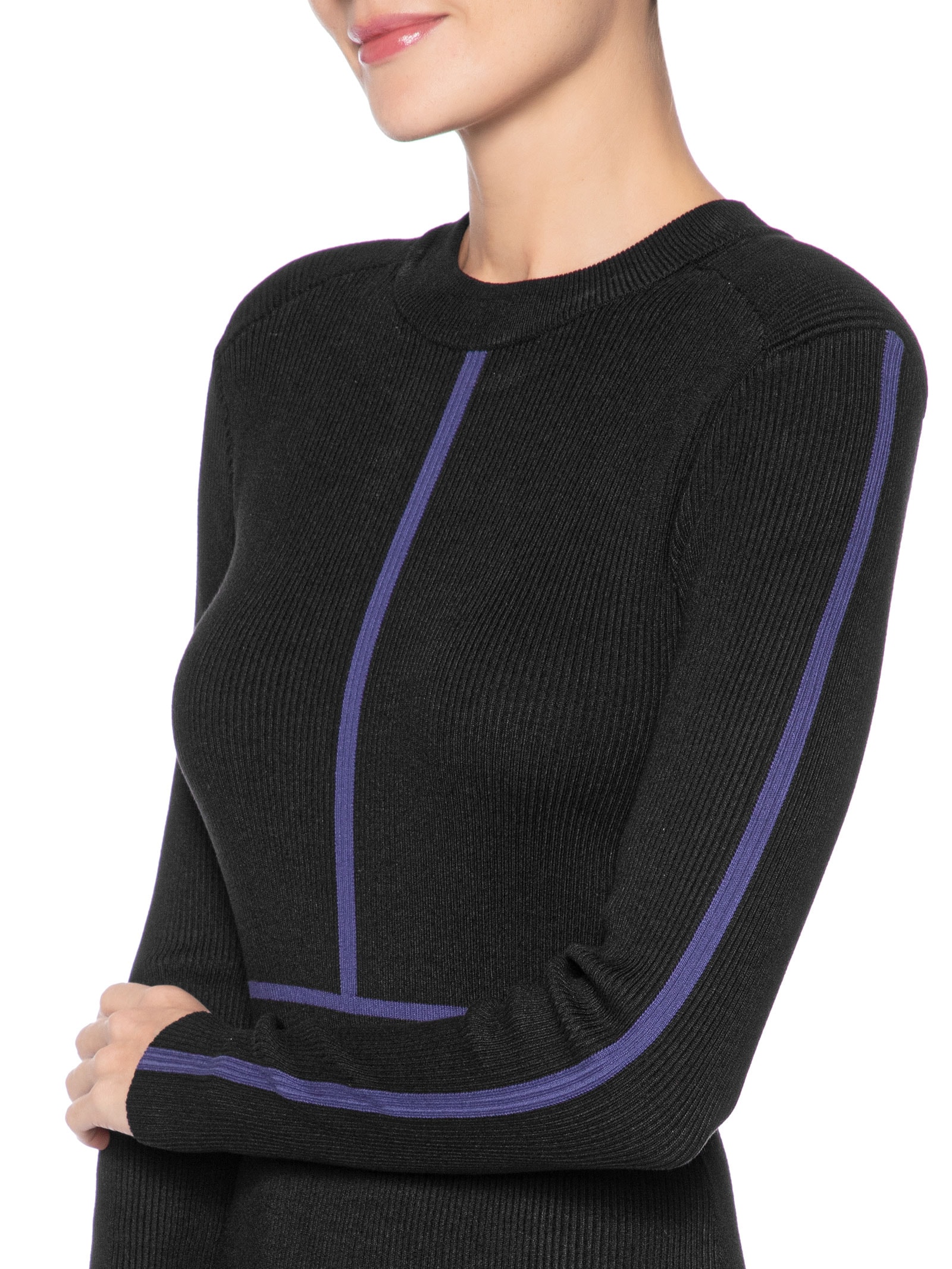 Vestido De Tricot Midi Manga Longa Com Detalhe Listra Preto Animale